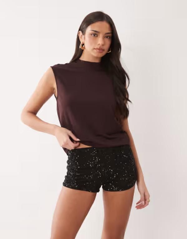 エイソス レディース ボトムス ハーフパンツ・ショーツ ミニ ショートパンツ スパンコール ASOS DESIGN sequin mini shorts Black ブラック