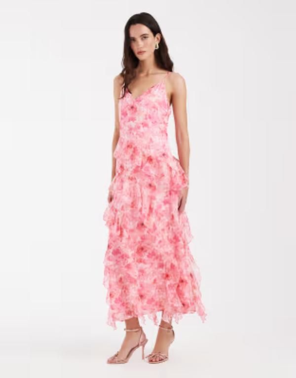 ヴェロモーダ レディース トップス ワンピース シフォン フラワー柄 プリント フリル ミディ フラワー Vero Moda Smilla Chiffon cami ruffle detail midi dress in pretty light pink b