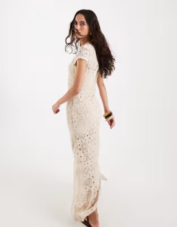 フォースレックレス レディース トップス ワンピース キャップ マキシ 4th Reckless flower crochet cap sleeve maxi dress in cream クリーム