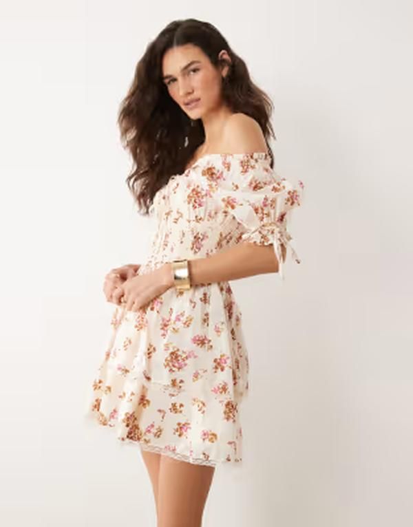 ミスセルフフリッジ レディース トップス ワンピース フラワー柄 ミニ フラワー Misselfridge corset mini dress in peach floral Peach Floral ピーチ