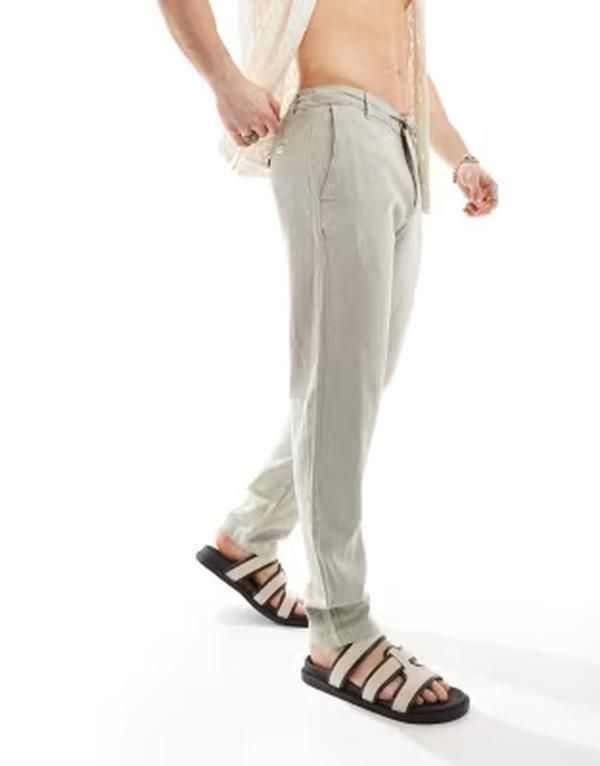 セレクティッド メンズ ボトムス カジュアルパンツ リネン Selected slim tapered linen pants in cream Vetiver クリーム