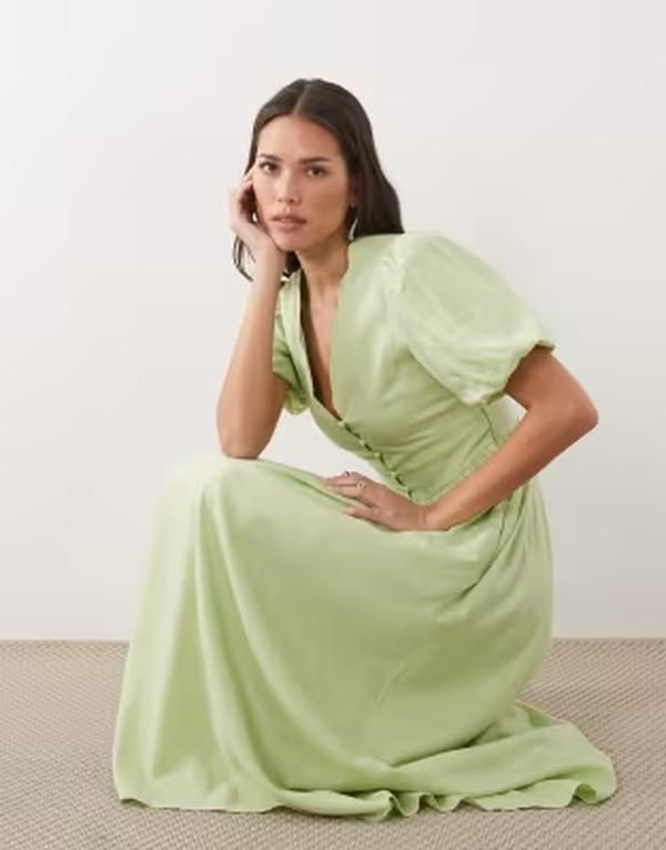 ノーバディーズ チャイルド レディース トップス ワンピース Vネック ミディ リネン Nobodys Child Bess linen blend puff sleeve scallop edge vneck midi dress in sage Green