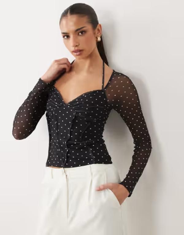 エイソス レディース トップス Tシャツ ドット プリント メッシュ ASOS DESIGN printed mesh exposed seams long sleeve top in polka dots Polka dot ドット