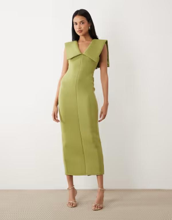 エイソス レディース トップス ワンピース Vネック ミディ スキューバ ASOS DESIGN plunge v neck midi dress with structured shoulder in olive scubastyle fabric Oliv