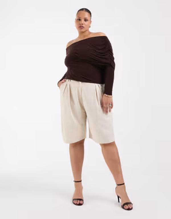 エイソス レディース ボトムス ハーフパンツ・ショーツ ショートパンツ ASOS DESIGN Curve longline mensy shorts inatural NATURAL
