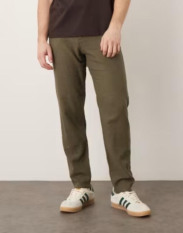 セレクティッド メンズ ボトムス カジュアルパンツ リネン Selected slim tapered linen blend pants Forest Night フォレスト