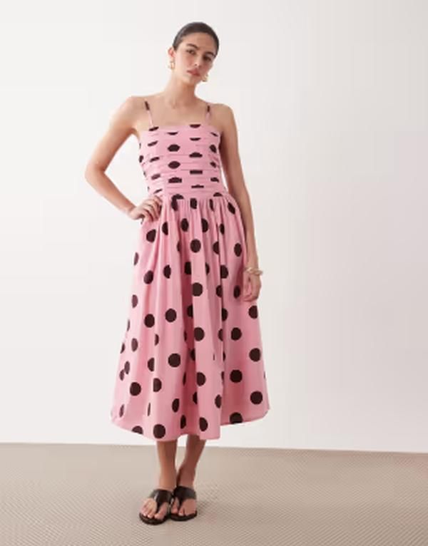 ノーバディーズ チャイルド レディース トップス ワンピース ドット プリーツ ミディ コットン Nobodys Child Felicity pleated bust cotton camidi dress and brown polka dots Pink