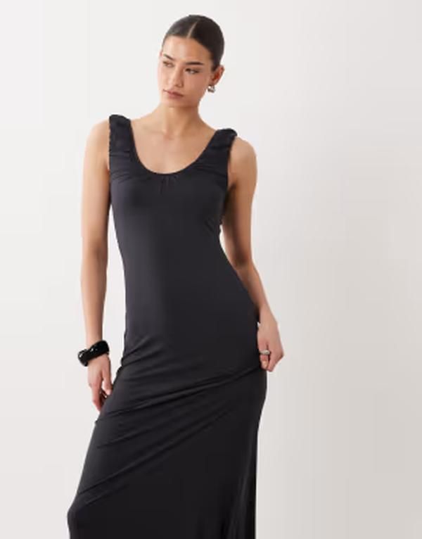 エイソス レディース トップス ワンピース ギャザー ASOS DESIGN ruched scoop neck midaxi dress Black ブラック