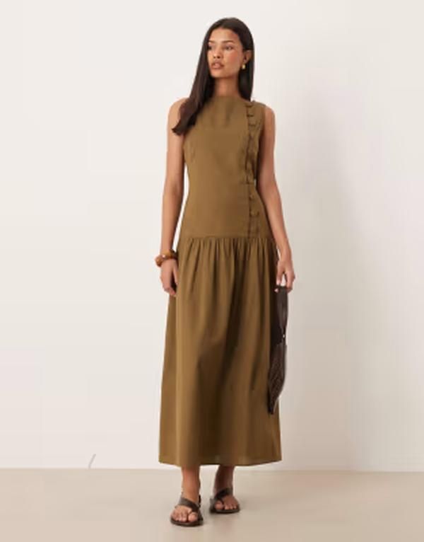エイソス レディース トップス ワンピース アシンメトリー ベスト マキシ ASOS DESIGN slash neck asymmetric vest maxi sundress with dropped waist in olive オリーブ
