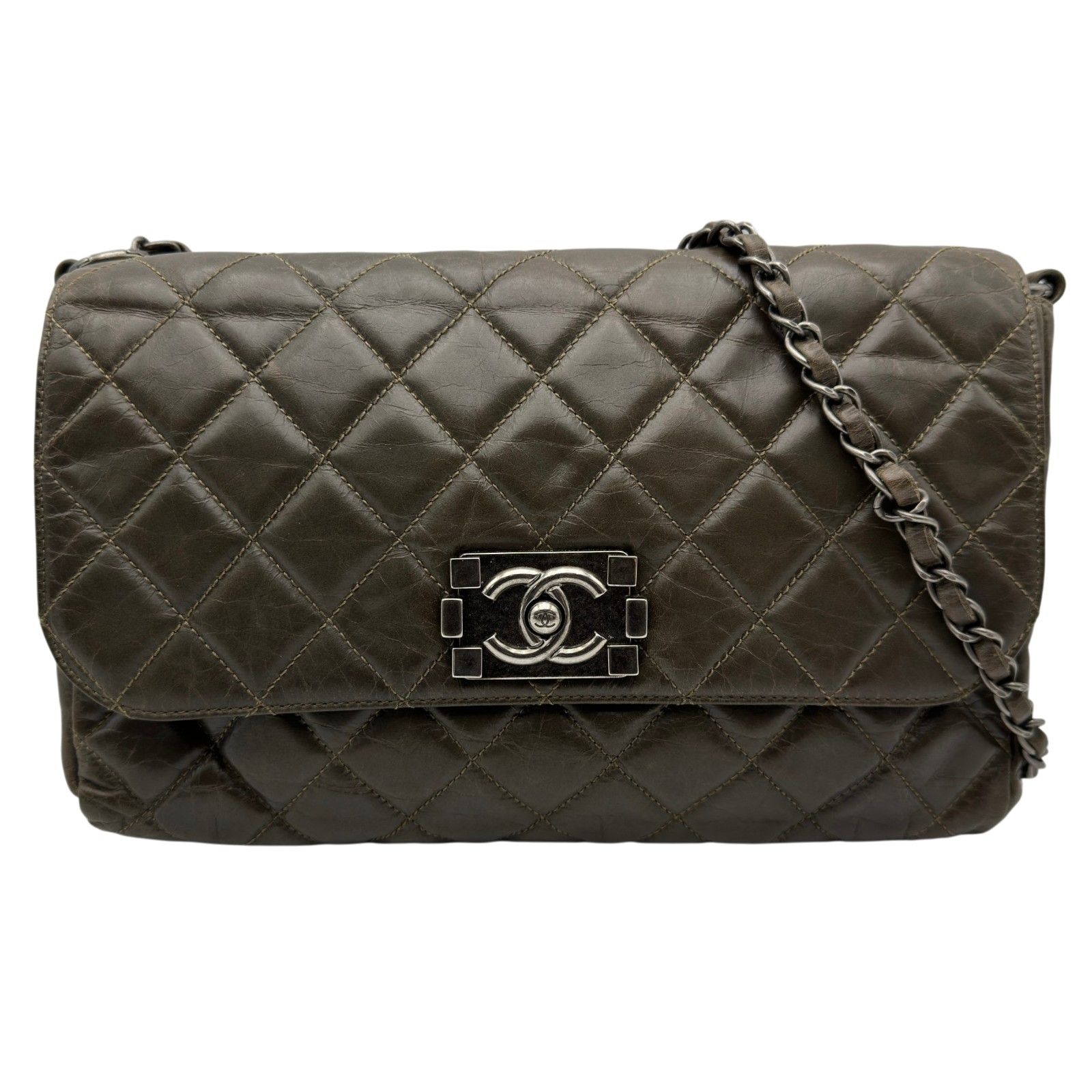 シャネル CHANEL マトラッセ フラップバッグ 16番台 カーキ シルバー金具 エイジドカーフ レディース ショルダーバッグ