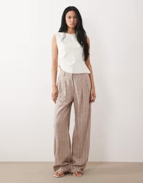エイソス レディース ボトムス カジュアルパンツ ワイドレッグ トール ASOS DESIGN Tall tailored wide leg cuffed pants in stripe part of a set Mink Stripe ミンク