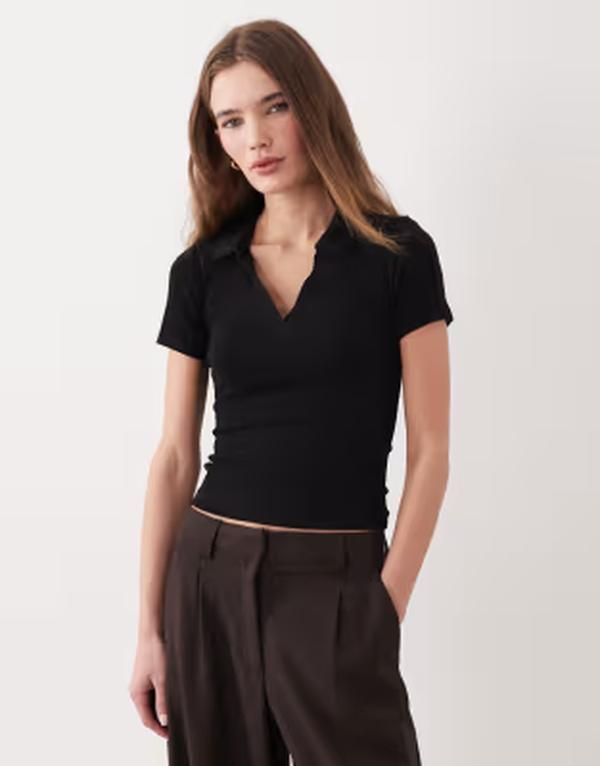 ミスセルフフリッジ レディース トップス シャツ リブニット Misselfridge fitted rib knit polo top with picot stitching Black ブラック