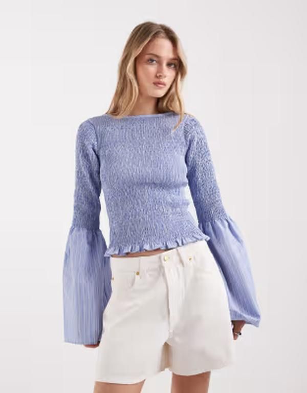 エイソス レディース トップス シャツ ブラウス ASOS DESIGN shirred long sleeve blouse stripes Blue Stripe ブルー