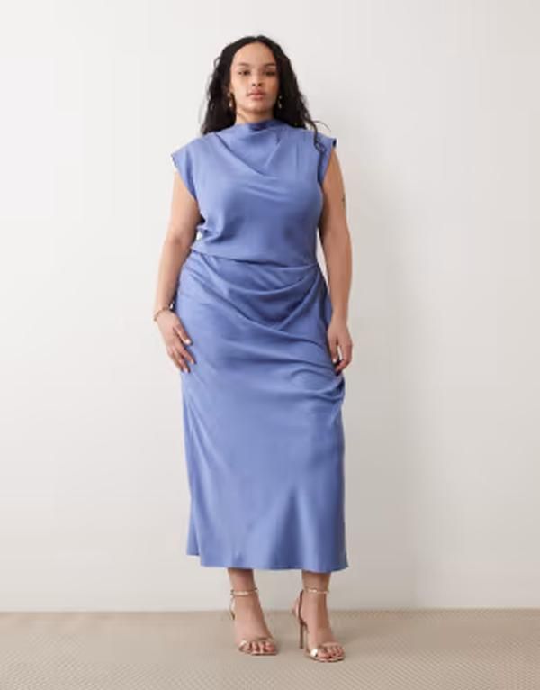 エイソス レディース トップス ワンピース ハイネック プリーツ ミディ サテン ASOS Curve ASOS DESIGN Curve satin high neck pleated bodice midi dress BLUE ブルー