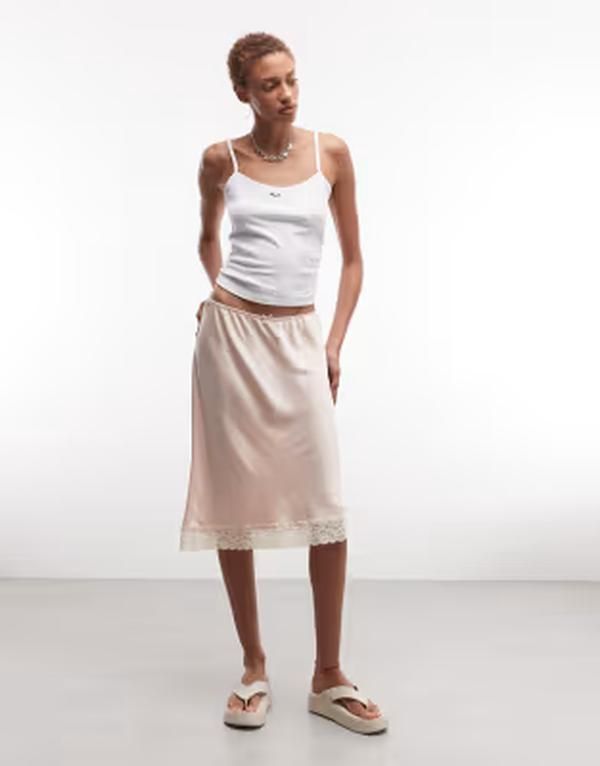 モンキ レディース ボトムスカート ミディ サテン レース Monki satin look lace midi skirt in dusty Pink ピンク
