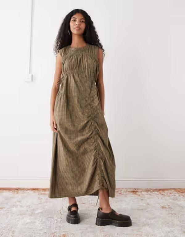 コルージョン レディース トップス ワンピース ミディ COLLUSION multi channel midi dress plaid GREEN グリーン