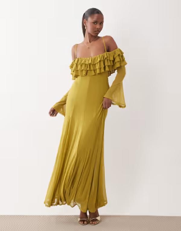 エイソス レディース トップス ワンピース フリル メッシュ マキシ ASOS DESIGN mesh off shoulderuffle maxi dress with full godets in chartreuse シャルトリューズ