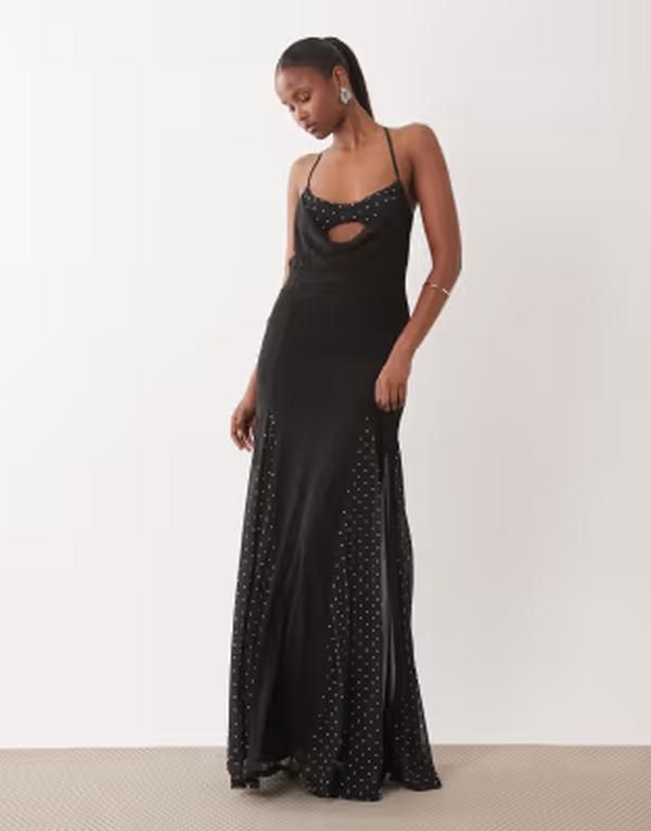 エイソス レディース トップス シャツ ドット柄 マキシワンピース ドット プリント マキシ ASOS DESIGN cami bra detail polka dot printed maxi dress with godets Black ブラック