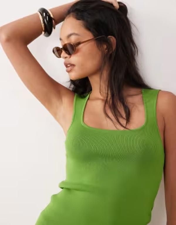エイソス レディース トップス シャツ ニット ASOS DESIGN knit compact square neck cami Green グリーン