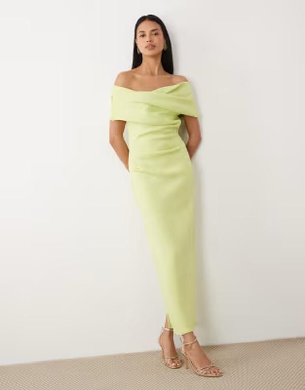 エイソス レディース トップス ワンピース ミディ ASOS DESIGN bardot midi dress with split in light Green グリーン