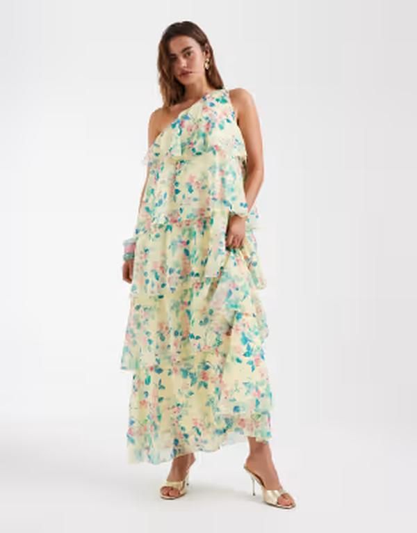ヴェロモーダ レディース トップス ワンピース ティアード フラワー柄 プリント フリル マキシ フラワー Vero Moda Felicia one shoulder tiered maxi dress with ruffle detailing in ye