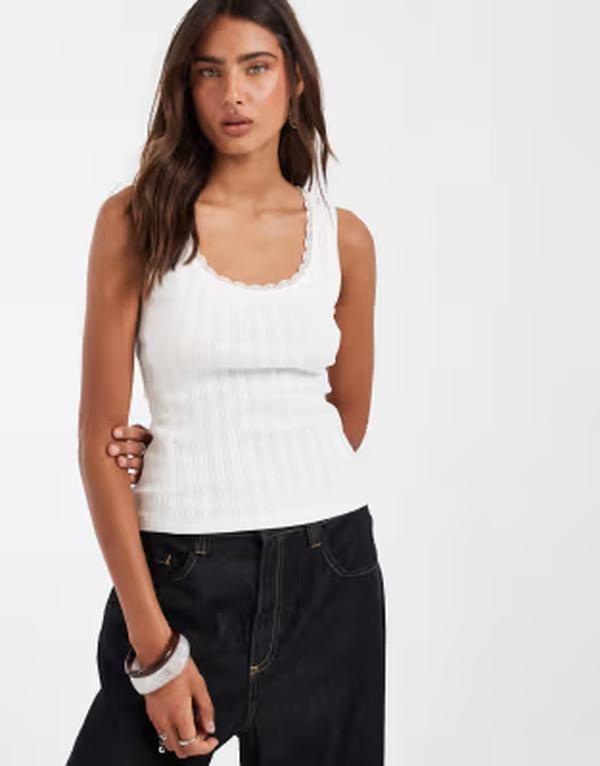 エイソス レディース トップス ベスト ASOS DESIGN pointelle scoop neck tank top in cream クリーム