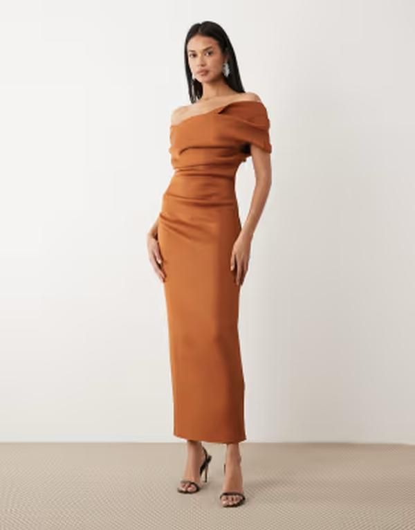 エイソス レディース トップス ワンピース ミディ ASOS DESIGN off the shoulder midi dress with slit Brown ブラウン