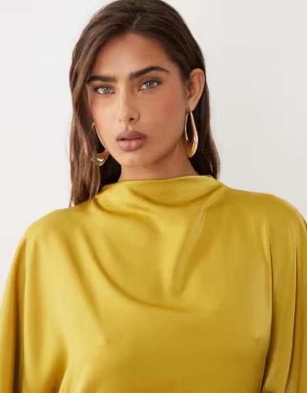 エイソス レディース トップス ワンピース ハイネック サテン マキシ ASOS DESIGN satin high neck blouson maxi dress with flutter sleeves in chartreuse シャルトリューズ