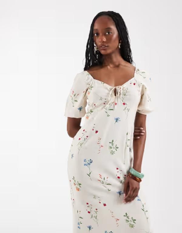 ベロモーダ レディース トップス ワンピース フラワー柄 プリント マキシ フラワー Vero Moda Tall puff sleeve tie front detail maxi dress in cream floral print Birch Bina