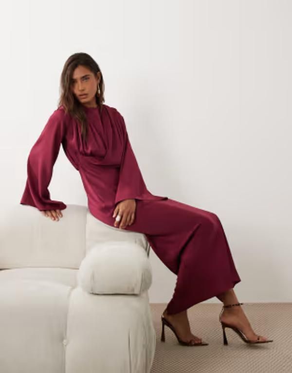 エイソス レディース トップス ワンピース ドレープ ASOS DESIGN fluted sleeves draped midaxi dress in raspberry