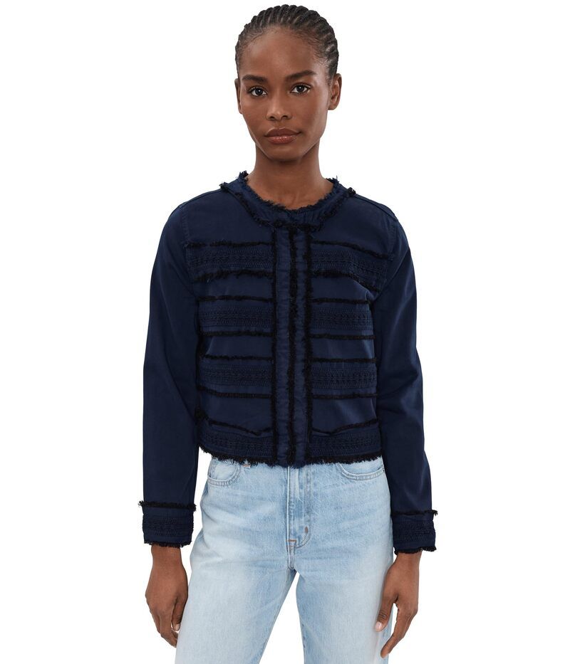 リヴァプール ロサンゼルス レディース アウター コート プチ レース ジャケット Liverpoolos Angeles Petite Softouch Twill Collarless Jacket With Fray Lace Deep Midnight
