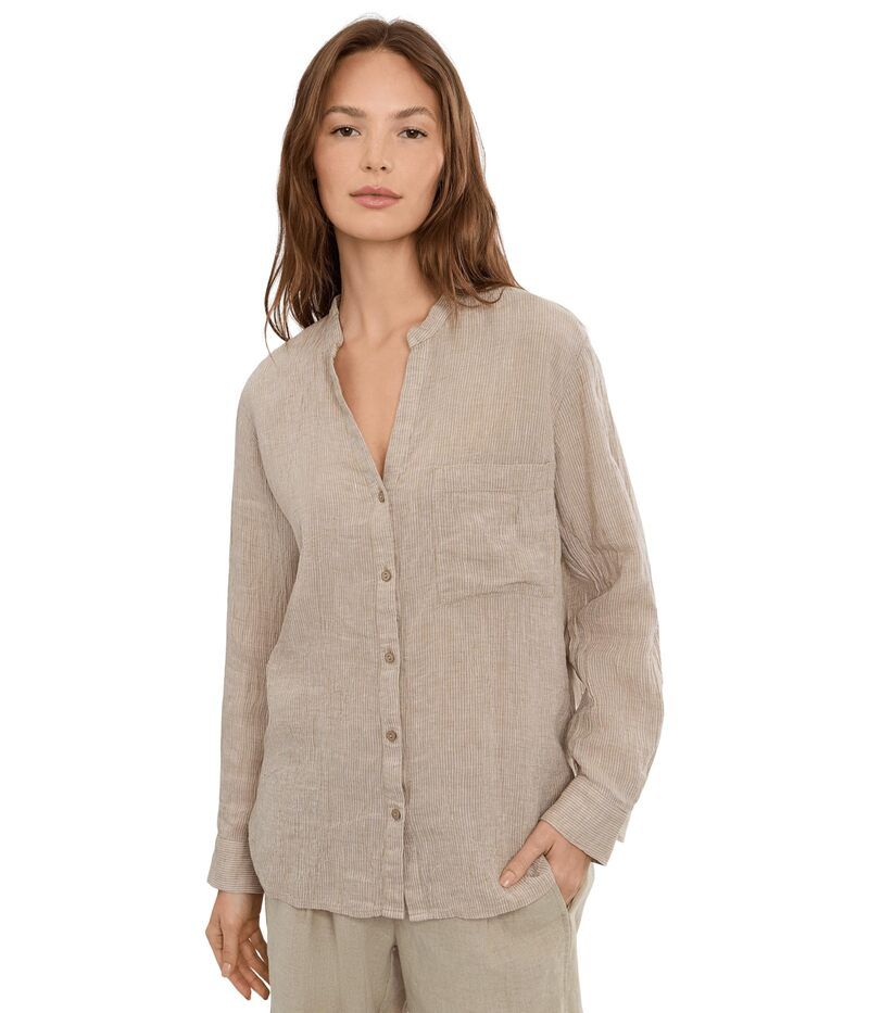 エイリーンフィッシャー レディース トップス シャツ リネン Eileen Fisher Puckered Organic Linen Stripe Mandarin Collar Shirt Wheat ストライプ