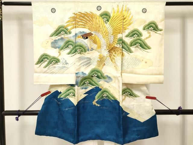 平和屋着物[]お宮参り　男の子　祝着　産着　初着　のしめ　刺繍　鷹　鷲　松文　暈し染め　金銀彩　逸品　DABE7110ma