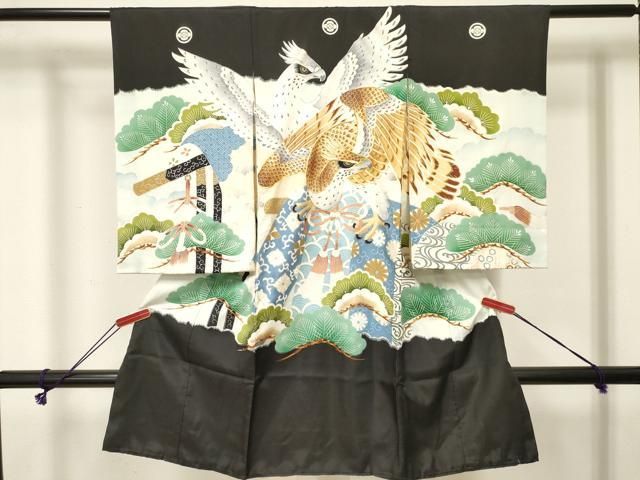 平和屋着物[]お宮参り　男の子　祝着　産着　初着　のしめ　駒刺繍　鷹　鷲　誰が袖松文　銀彩　逸品　DABE7111ma
