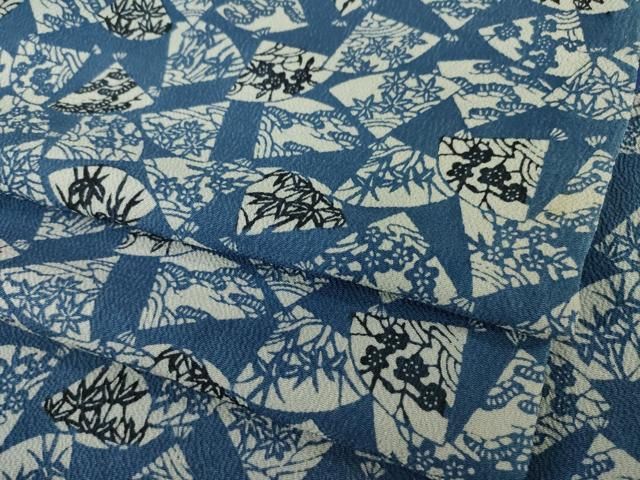 平和屋着物●上質な小紋　藍　型染め　扇面花文　正絹　逸品　AABI5126ck
