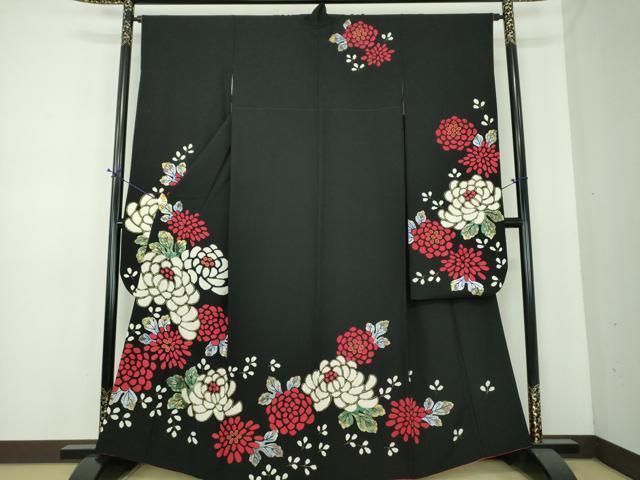 平和屋着物●豪華振袖　舞花文　黒地　金彩　正絹　逸品　DABE5650ps