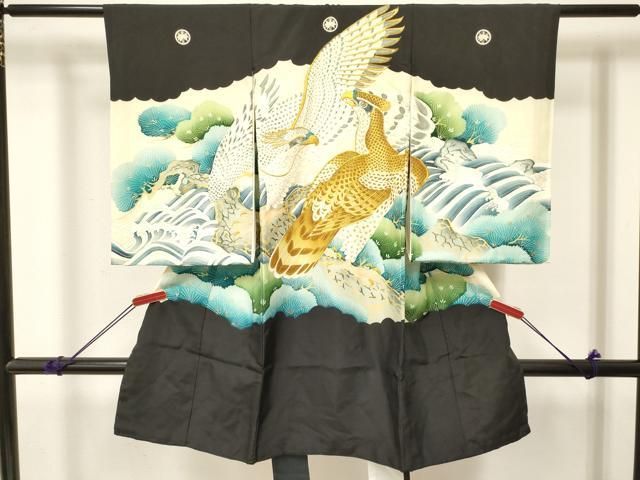平和屋着物[]お宮参り　男の子　祝着　産着　初着　のしめ　刺繍　鷹　鷲　立波松文　金彩　逸品　DABE7112ma