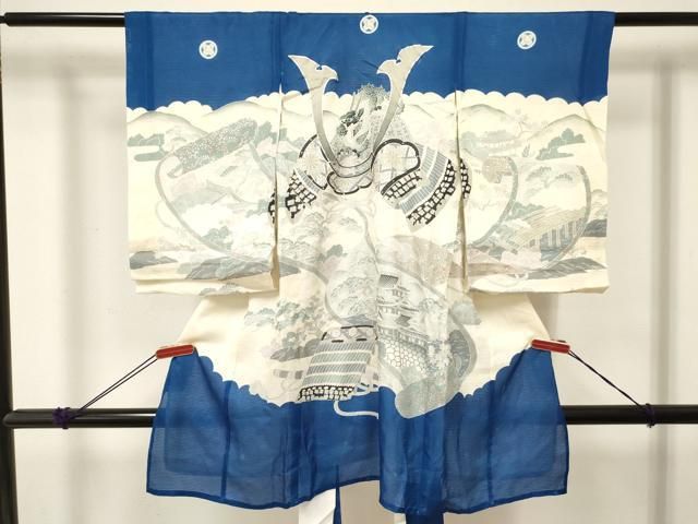 平和屋着物＊夏物　お宮参り　男の子　祝着　産着　初着　のしめ　絽　龍　兜　絵巻風景文　銀彩　逸品　DABE7118ma