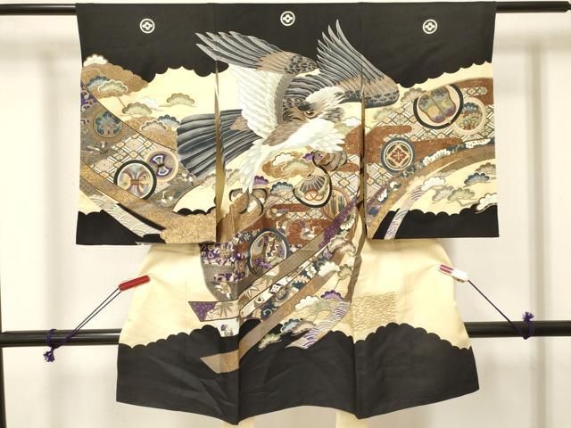 平和屋着物[]お宮参り　男の子　祝着　産着　初着　のしめ　鷹　鷲　吉祥飛鶴花文　金彩　逸品　DABE7124ma