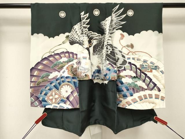 平和屋着物[]お宮参り　男の子　祝着　産着　初着　のしめ　駒刺繍　鷹　鷲　檜扇吉祥花文　金彩　逸品　DABE7125ma