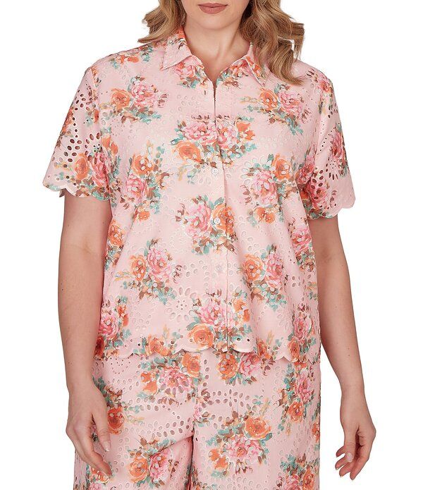 ルビーアールディー レディース トップス シャツ フラワー柄 プラスサイズ フラワー Ruby Rd Plusize Floral Eyelet Point Collar Short Sleeve ButtonFront Coordinating Camp S
