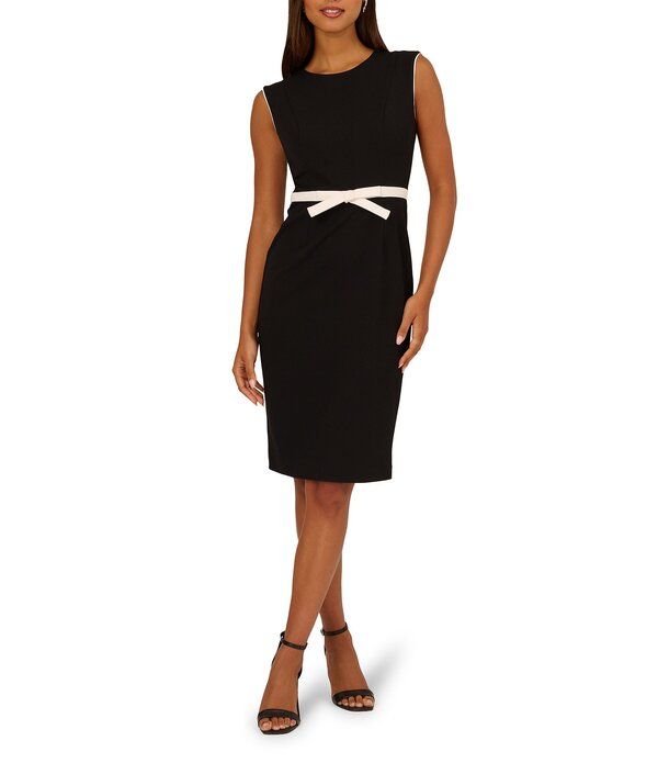 アドリアナ パペル レディース トップス ワンピース クレープ ひざ丈 ノースリーブ コントラスト Adrianna Papell Crepe Boat Neck Sleeveless Contrast Bow Trim Sheath Knee Length