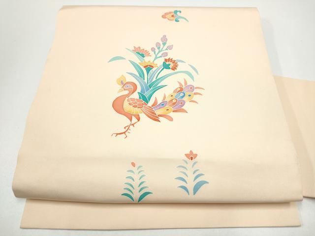 平和屋着物●塩瀬　九寸名古屋帯　孔雀花文　正絹　逸品　CABG8819hy