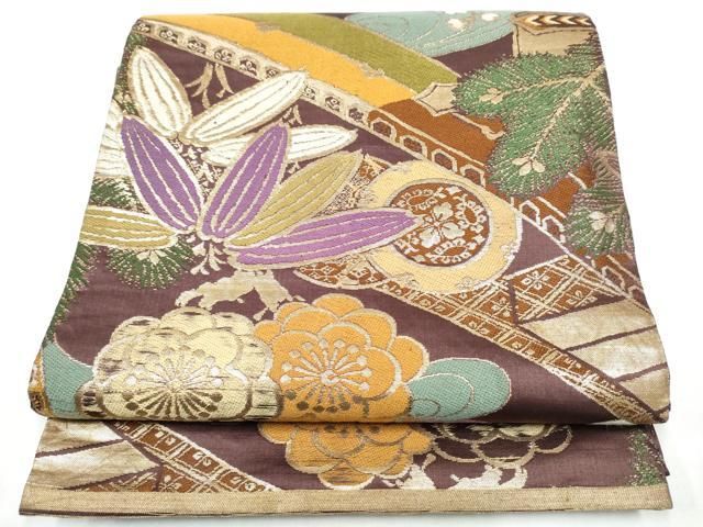 平和屋着物●アンティーク　大正ロマン　九寸開き名古屋帯　草花文　金彩　正絹　逸品　CABG8821hy