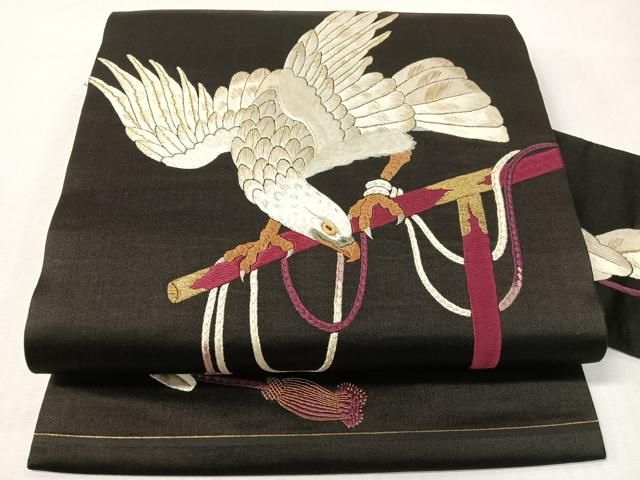 平和屋着物●アンティーク　大正ロマン　総手刺繍　九寸名古屋帯　鷹　黒地　金糸　正絹　逸品　CABG7885vp