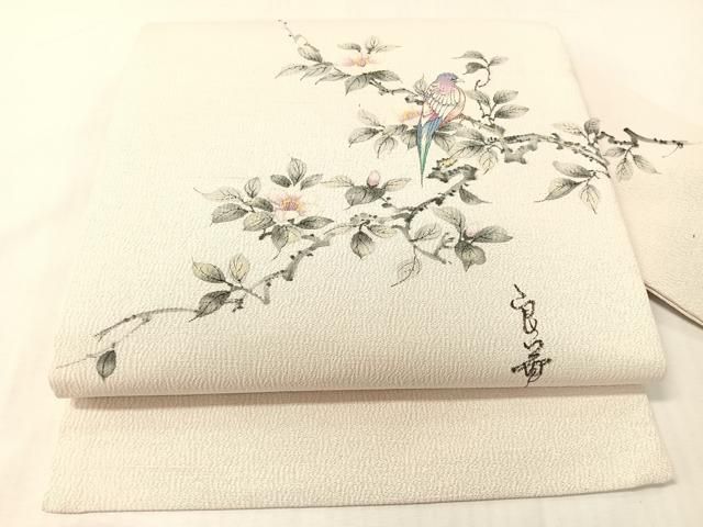 平和屋着物●九寸名古屋帯　作家物　手描き　休み鳥　鬼しぼ縮緬　正絹　逸品　未使用　CABG7981vp
