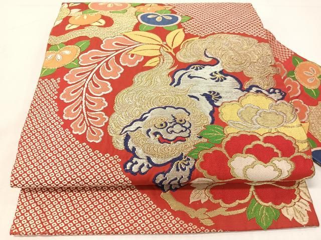 平和屋着物●アンティーク　大正ロマン　九寸名古屋帯　狛犬　金銀糸　正絹　逸品　CABG7984vp