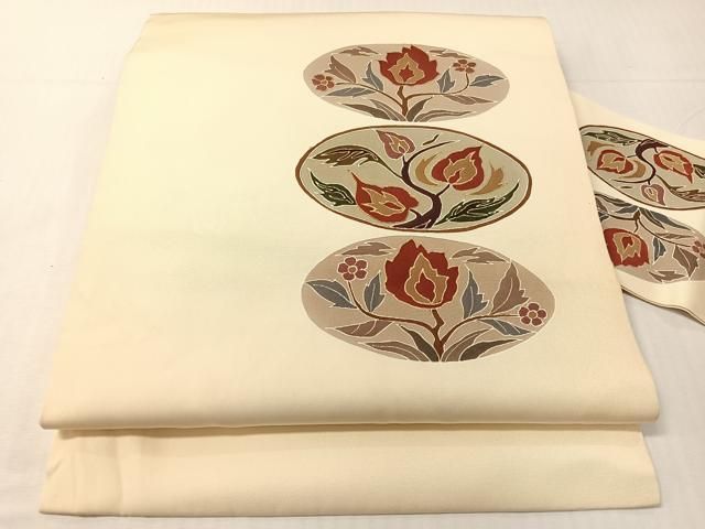 平和屋着物●塩瀬 九寸名古屋帯 駒刺繍 草花丸文 金彩 正絹 逸品 CABH4531vp