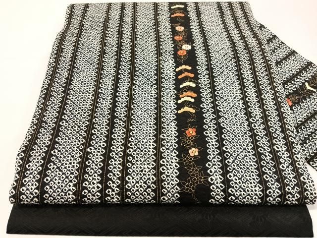 平和屋着物●九寸名古屋帯　刺繍　絞り　草花間道　黒地　金彩　正絹　逸品　CABH4535vp