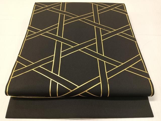 平和屋着物●塩瀬　九寸開き名古屋帯　籬文様　黒地　金彩　正絹　逸品　CABH4541vp